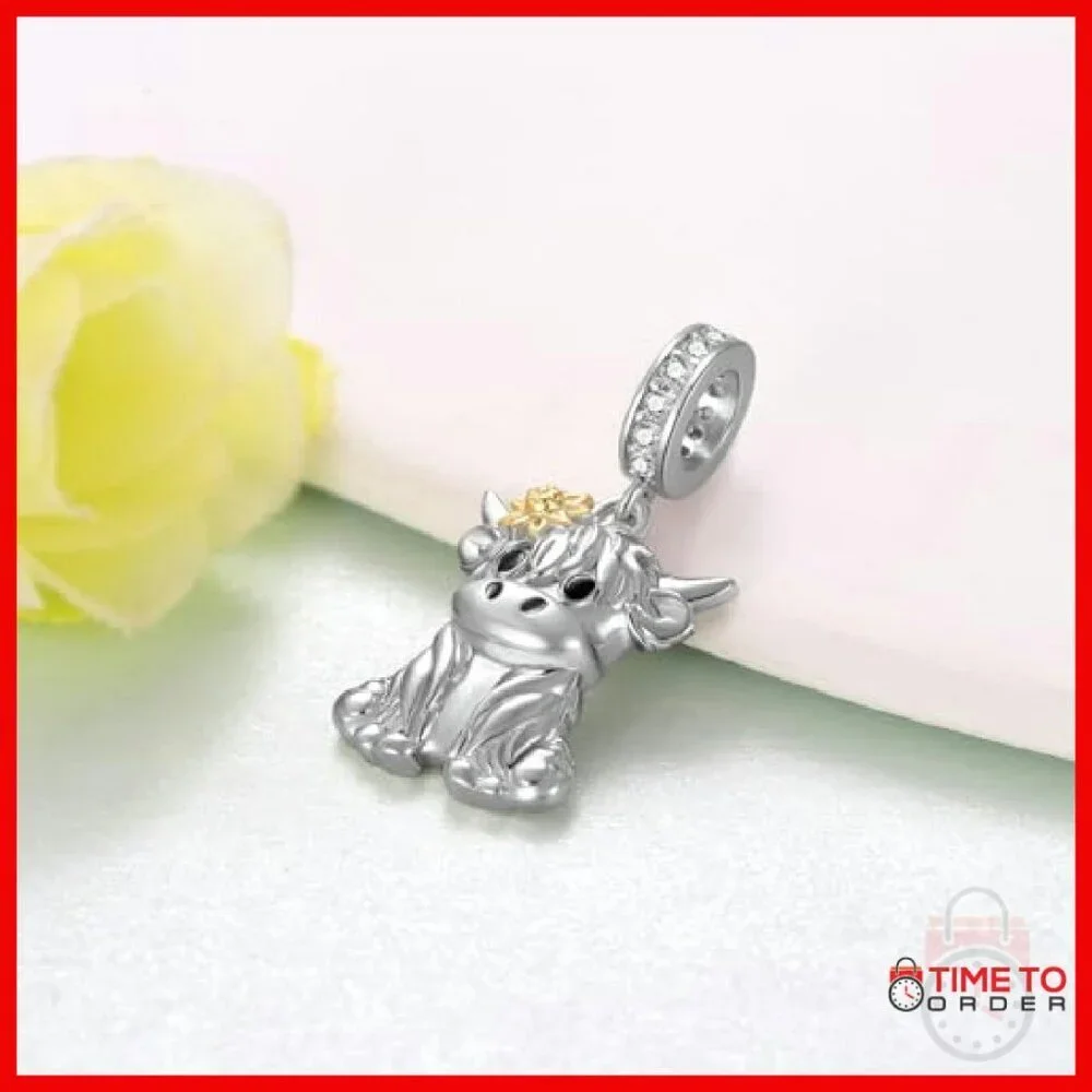 925 Sterling Silver Highland Cow Charm for Bracelets 0.67x0.55 Inch